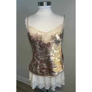 Victorias Secret Paisley Satin Lace Trim Camisole Top Brown Cream Medium